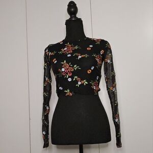 Mesh Floral Embroidered Black Crop Top